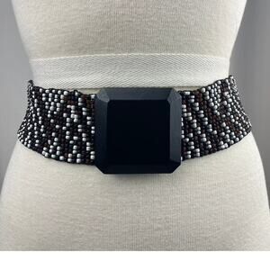 Womens Beaded‎ Stretch Belt Wood Buckle (S 32”) Black Brown White Goth Boho Wide